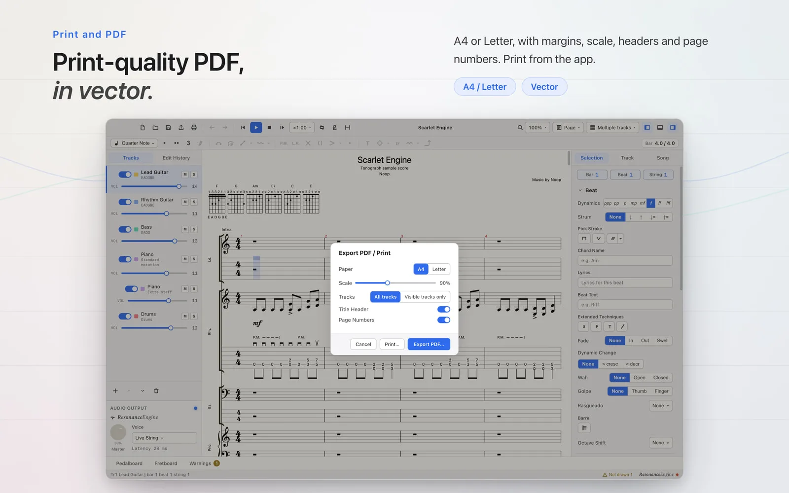 The PDF export dialog